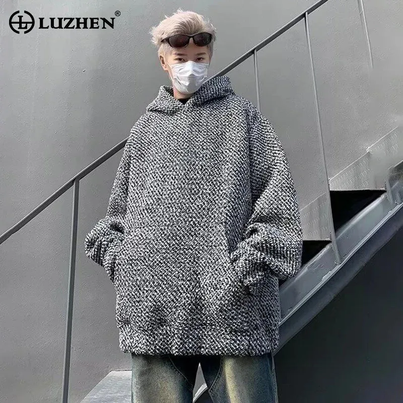 

Мужской свитшот LUZHEN 2025: однотонный, с капюшоном, новый, модный, уличный, свободный крой, длинный рукав, стильный повседневный топ JY6006