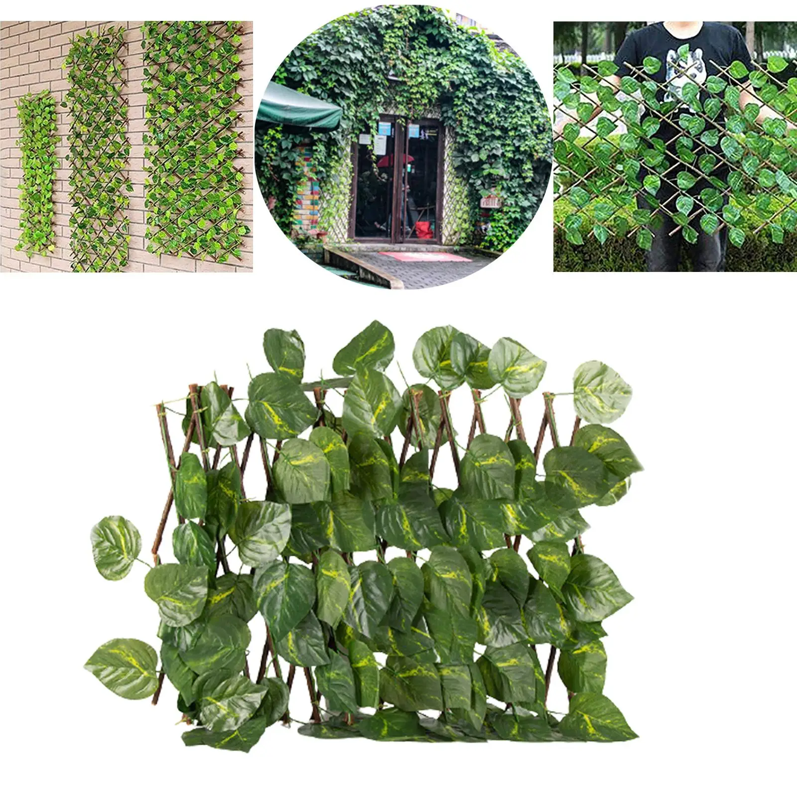 Expandable Artificial Ivy Privacy Fence Trellis Wooden Screening Divider Panel for Outdoor Garden Courtyard and Home Use