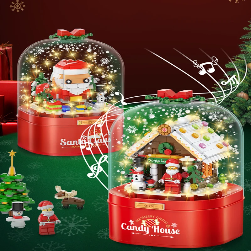 Modello fai da te natale Building Block Toy Set Christmas Music Box Toy Music Sounding nevicata babbo natale pupazzo di neve Candy House Gift