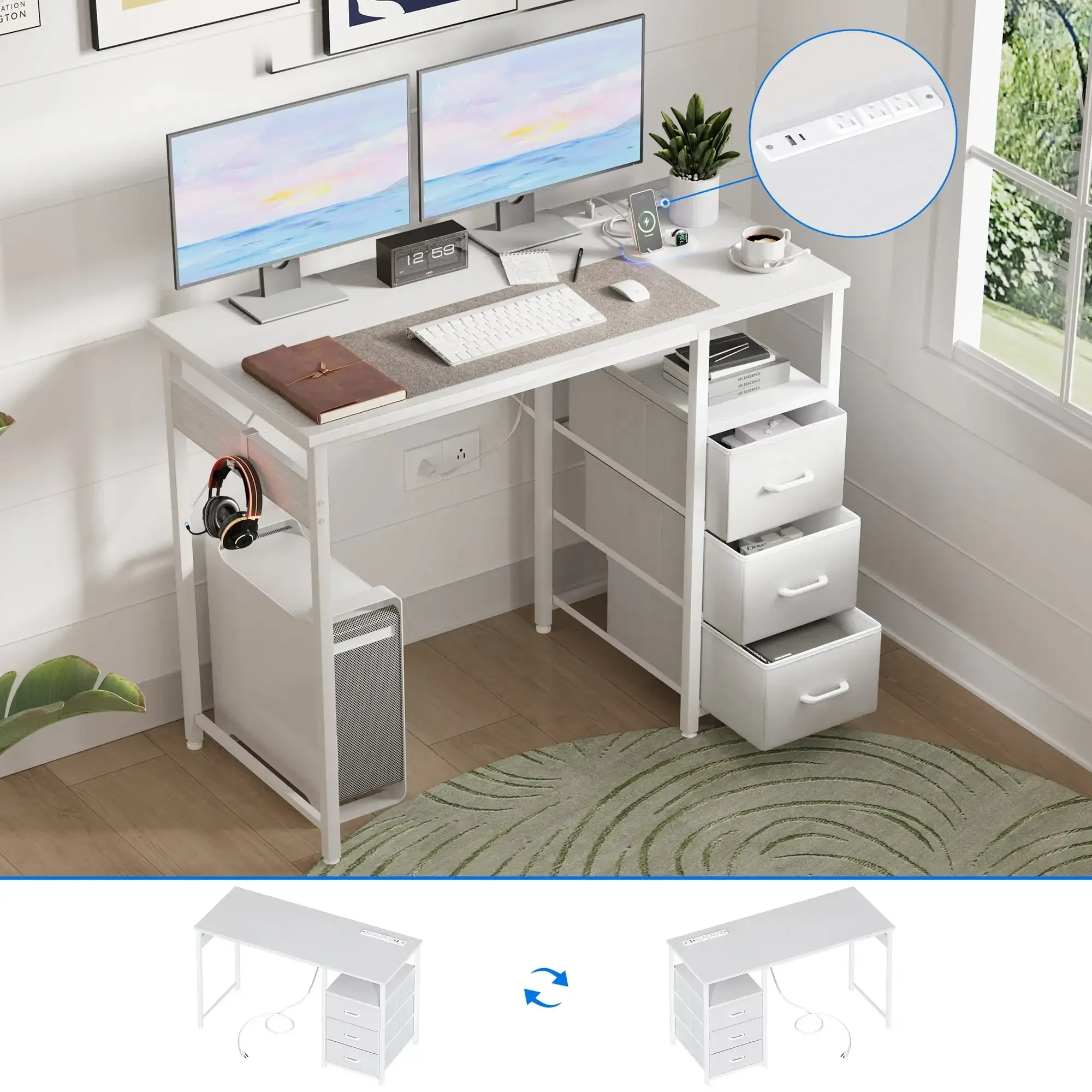 48 inch Computer Desk with Power Outlets, Home Office Desk with 3 Drawers, Writing Desk with Removable Monitor Shelf, Pure White