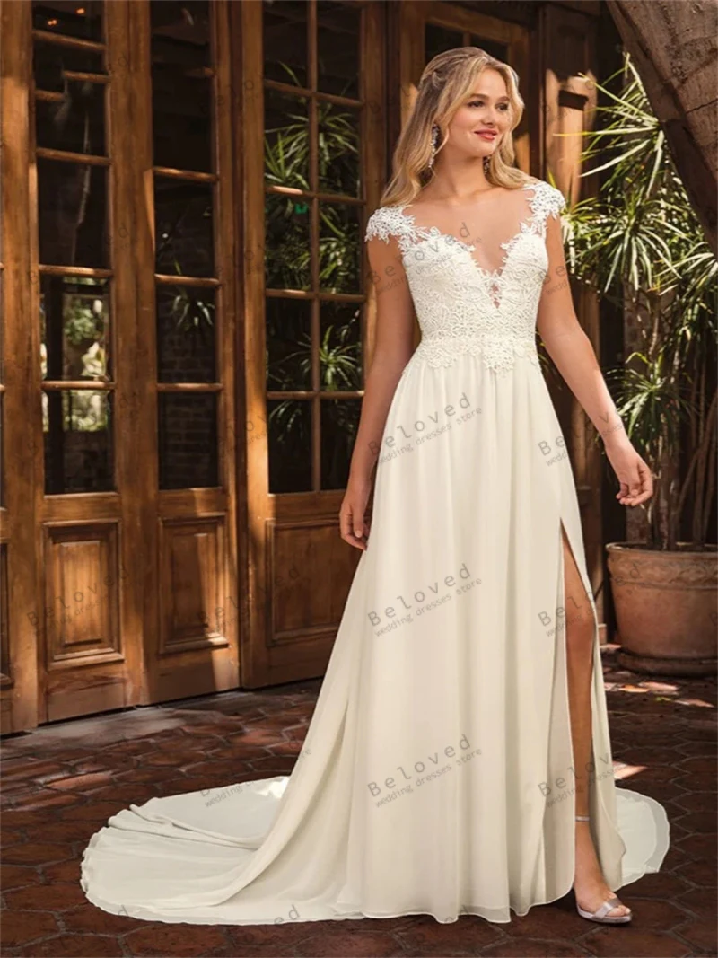 Classic Wedding Dresses A-Line Bridal Gowns Lace Appliques Sexy Robes Deep V-Neck High Slit Floor Length Vestidos De Novia 2024