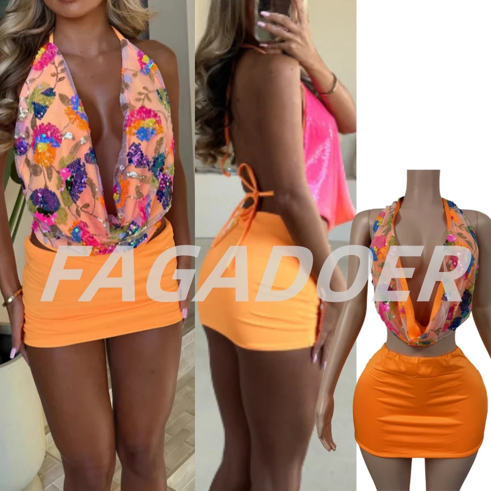 

FAGADOER Sexy Sequin Gradient Patchwork 2 Pieces Set for Woman Halter Deep V-neck Backless Crop Top and Skirts Female Clubwear