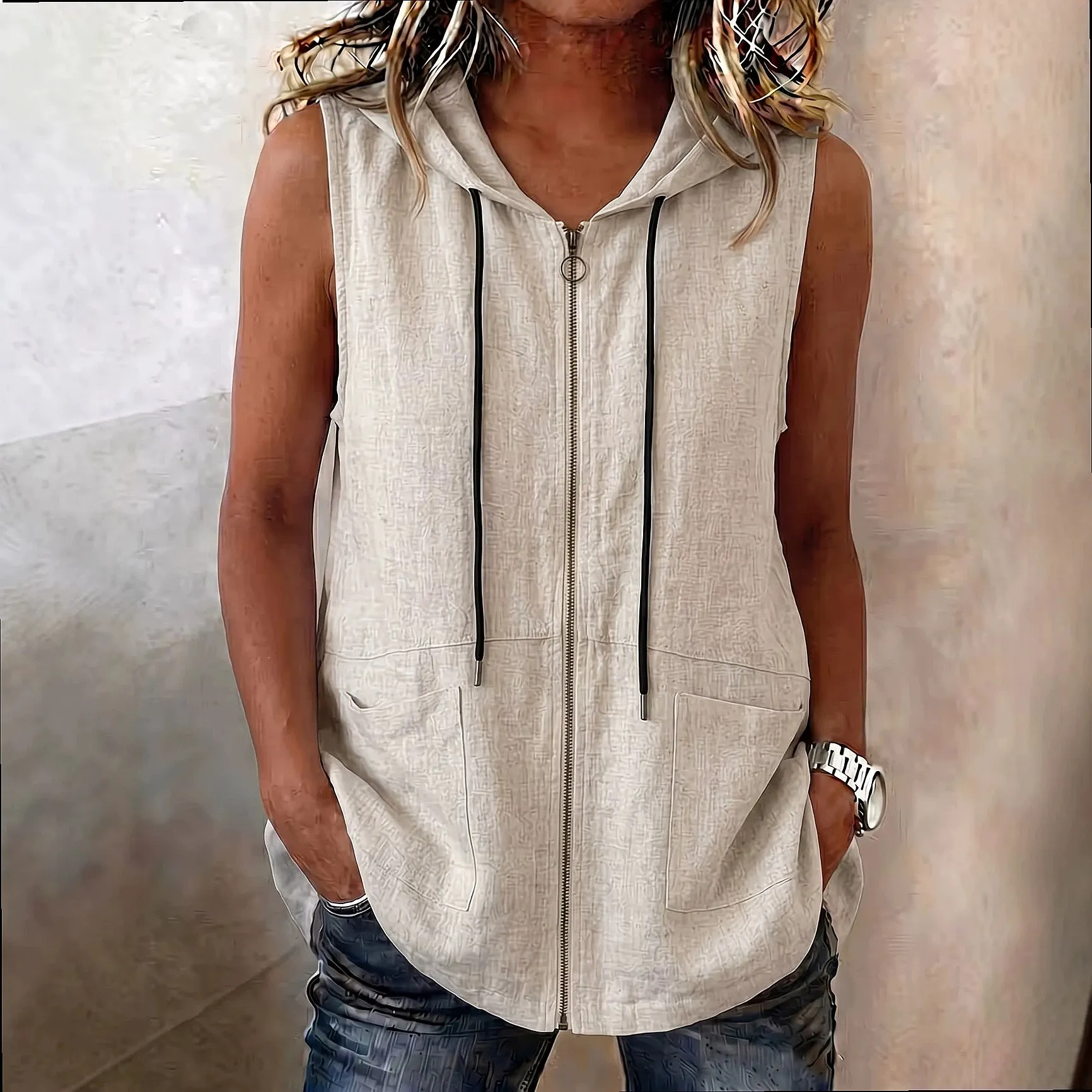 Retro Hooded Vest Tanks Drawstring Linen Cotton Summer Women Tops Vests Matching Sets