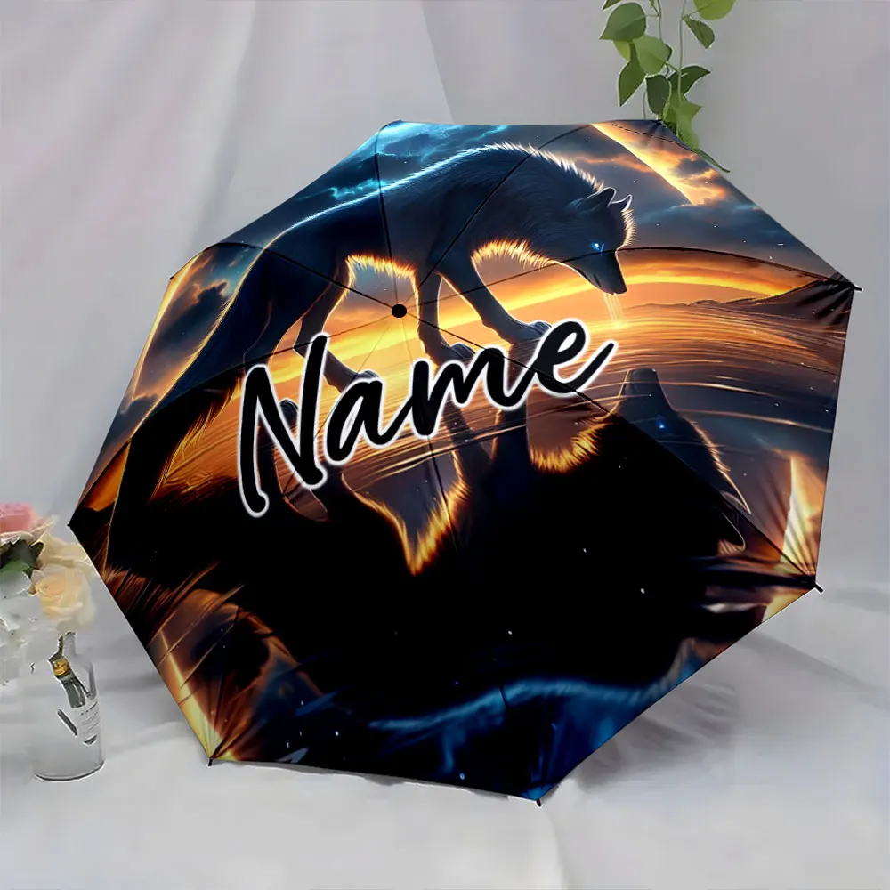 Custom Name Umbrella Wolf and Universe Design Umbrella Print 8 Iron Ribs Folding Umbrella Auto-Open Fashion Sunshade