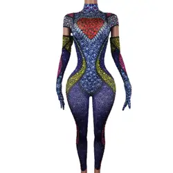 Fashion Rhinestones Jumpsuit Gloves Set Women Sexy Tight Birthday Prom Party Outfit Dancer Show Rompers Stage Wear Hongtaozi