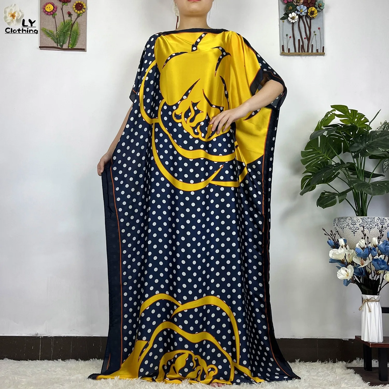 2023 New African Fashion Short Sleeve Colored Pattern Dubai Women Summer Real Silk Soft Printing Loose Tradition Muslim Dress