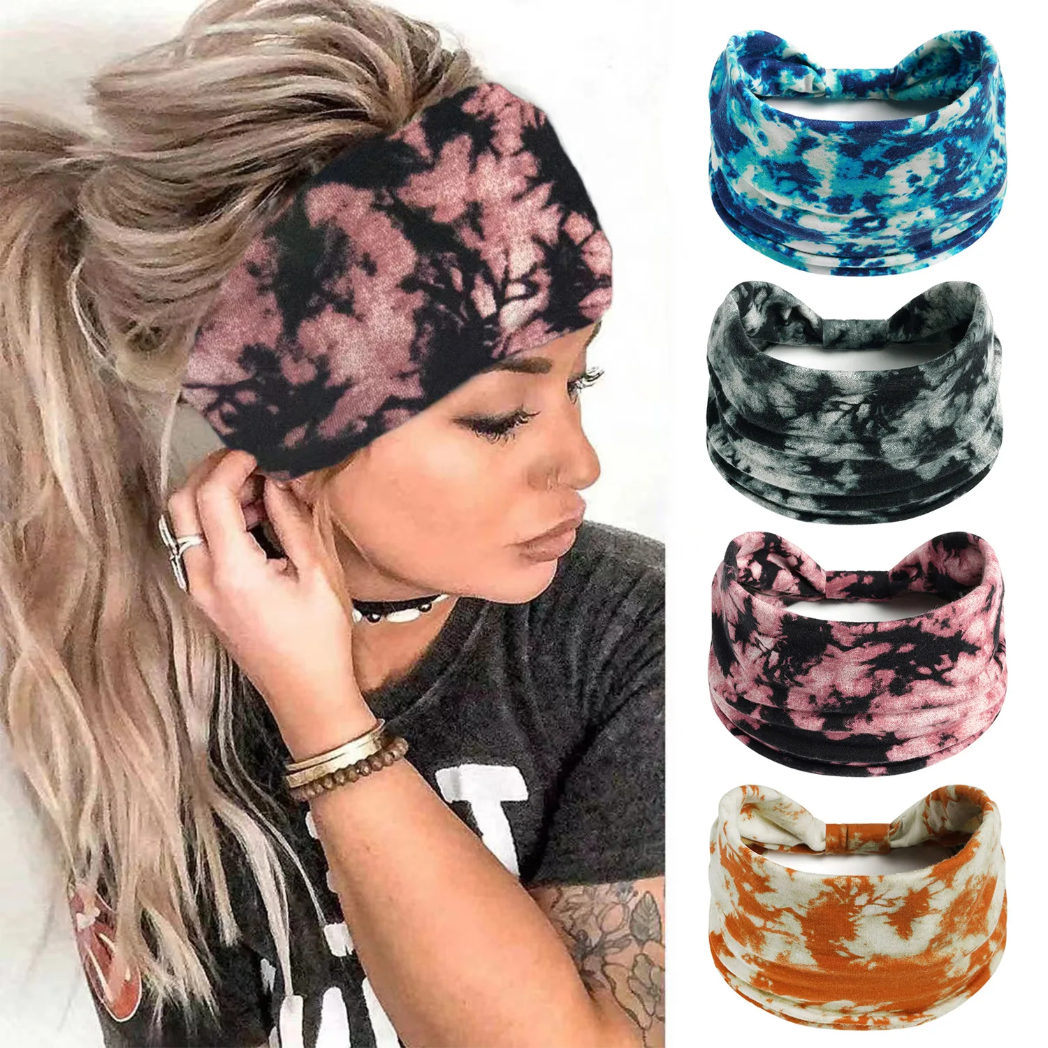 

New European and American Tie Dyed Sports Headband 14cm Wide Women's Headband African Retro Elastic Knot Headband