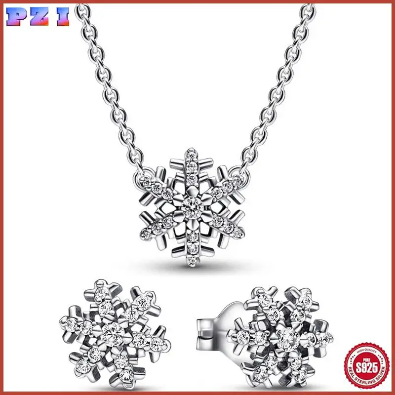 

Authentic 925 Sterling Silver Moments Sparkling Snowflake Earring Necklace With Crystal For Women Jewelry Set Gift