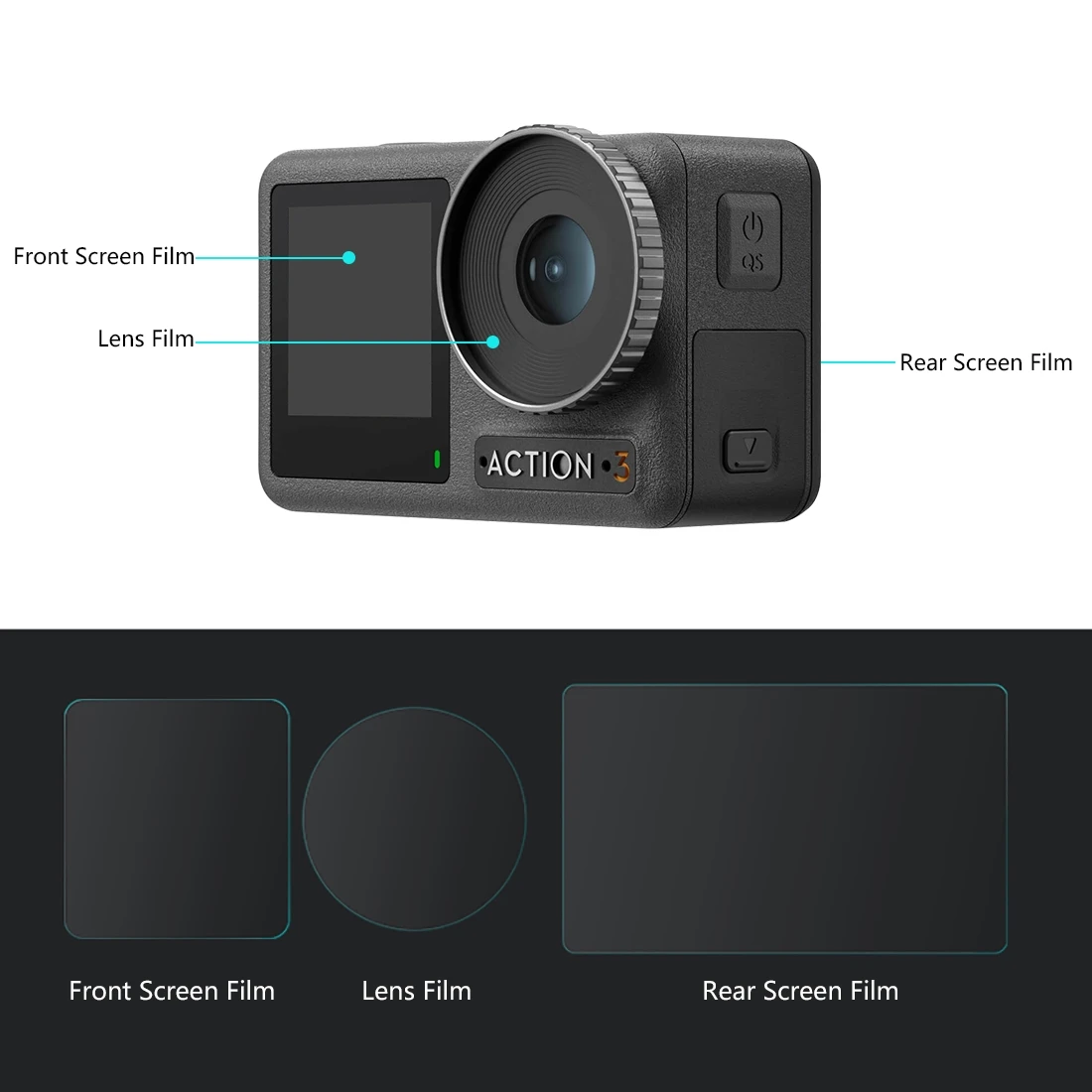 PULUZ 3-in-1 Lens Front and Back Screen Tempered Glass Explosion-proof Film For DJI Osmo Action 3
