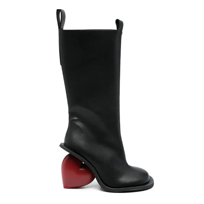 

Красные женские ботинки до середины икры на каблуке с боковой молнией и сердечком, зима 2025 г., черные ботинки на каблуке с круглым носком, модные женские туфли на высоком каблуке