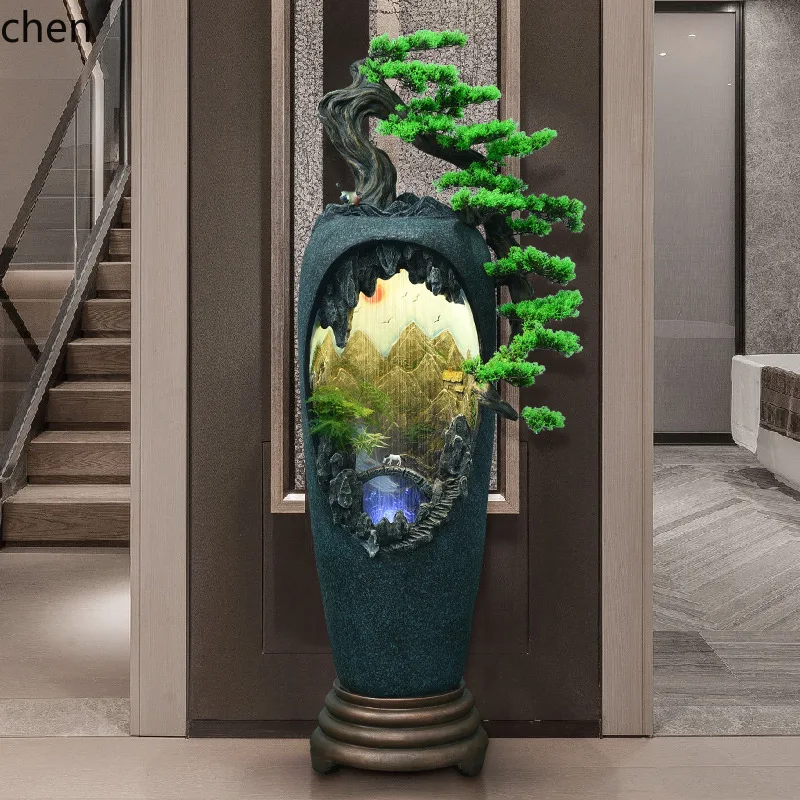 ZML Water Flowing Fountain Ornament Home Decoration Entrance Office Vase Wealth-Attracting Humidifier