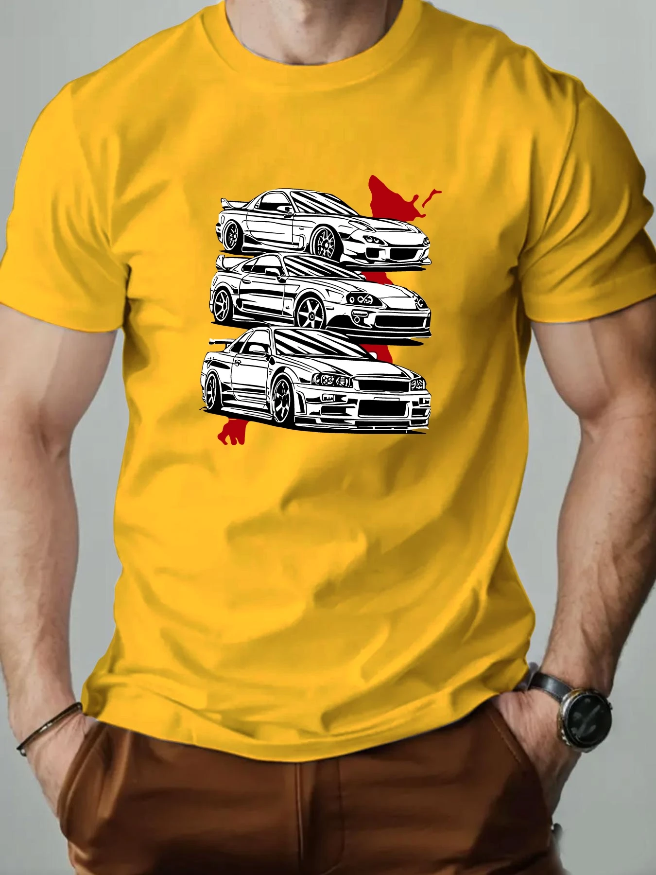 Men's 100% Cotton Summer Round Neck T-Shirt Retro Car Cartoon Print Breathable Casual Short Sleeve Fashion Streetwear Top