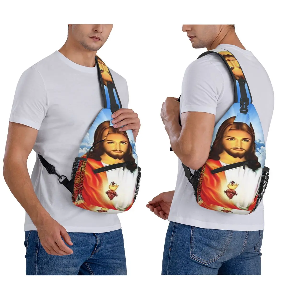 Sacred Heart Of Jesus Christian Catholic God Chest Bag Men Sling Crossbody Backpack Chest Bag Traveling Daypack Shoulder Bag