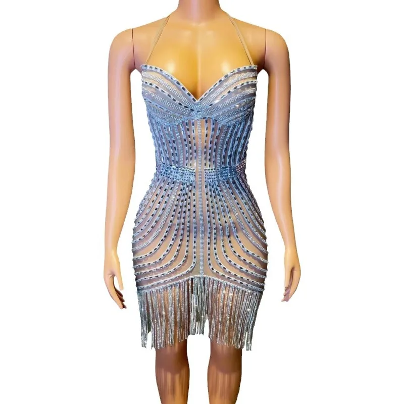 مثير الرقبة الرسن تنورة قصيرة لامعة حجر الراين عيد ميلاد بار أداء اللباس العازبة حزب فساتين مرحلة الأداء فساتين