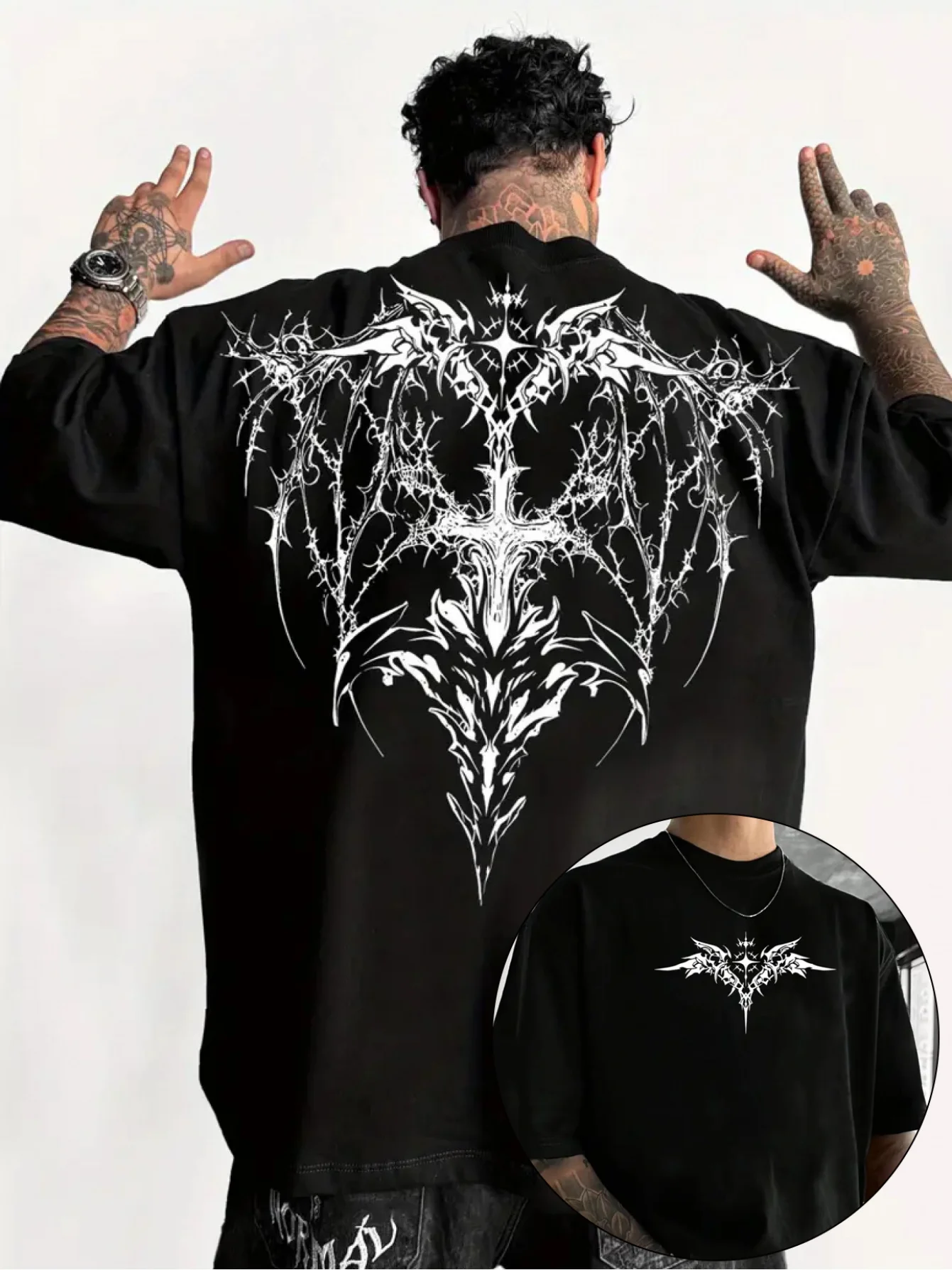 Men's Gothic Style Dark Patterned T-shirt Featuring Black and White Bat Wings and Barbed Wire Pattern