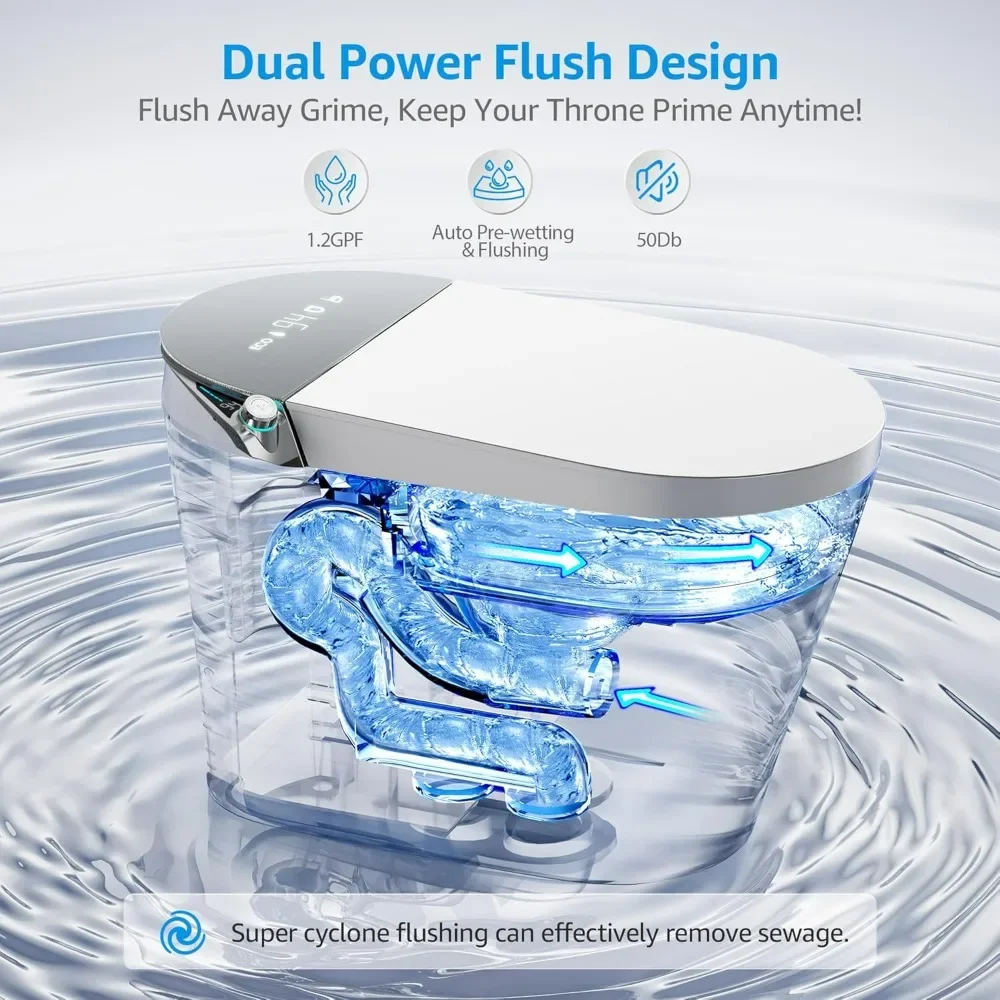 Tankless Smart Toilet, Foot Sensor, Wireless Remote Control and Adjustable Temperature, 360 Degree Siphon, Built-in Bidet Toilet