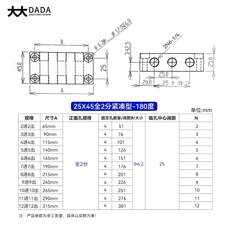 Aluminium Alloy 2-12 Single Way 25x45mm 1/4 BSP Straight Hole Independent Confluencer Board Mainfold Block Pneumatic Air Fitting