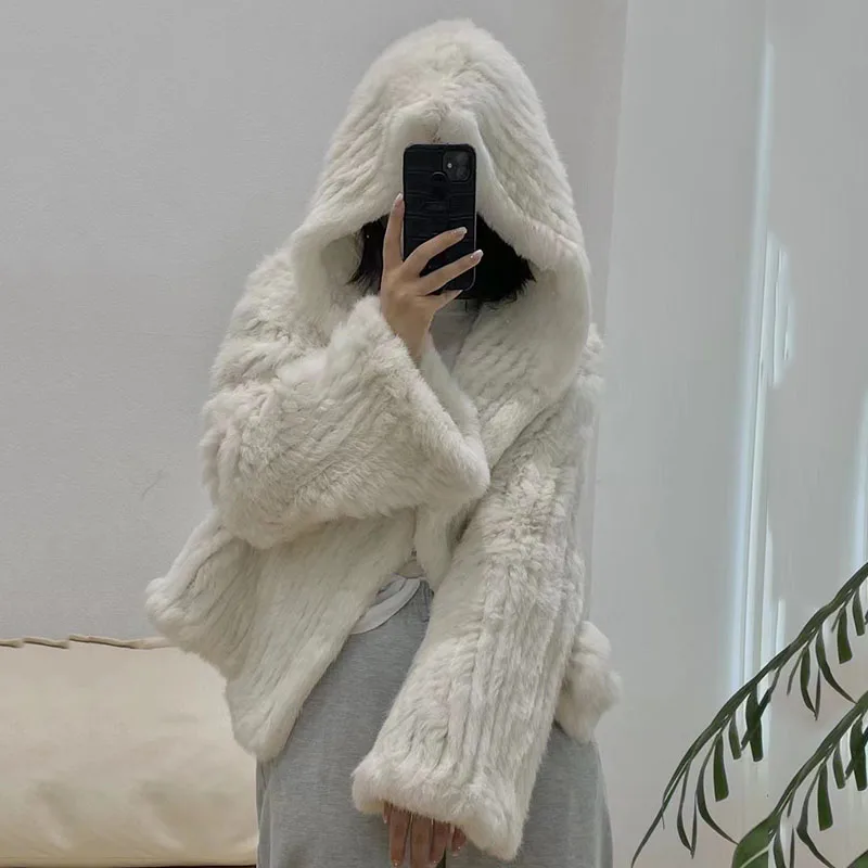 2023 Spring Knitted Real Rabbit Fur Coat With Hood Casual Loose Genuine Fur Hooded Jacket Female Outwear Ladies Natural Fur coat