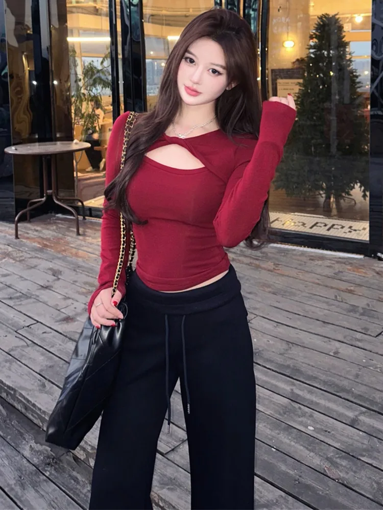 

Spicy Girl Knot Hollow Long Sleeve T-Shirt Women's Autumn Winter Slim Fit Top And Long Pants Set Korean Style Commute