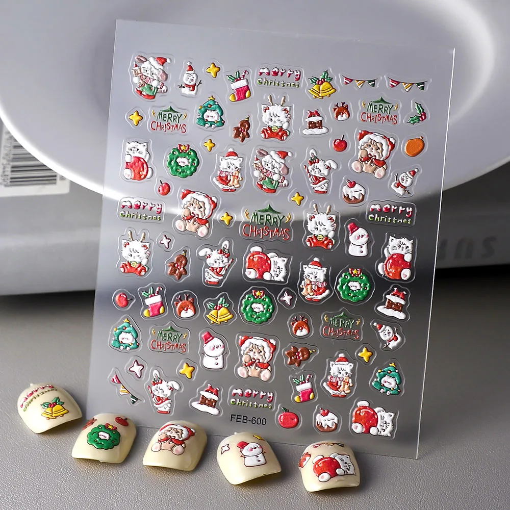 Christmas Nail Sticker Cute Cat Snowman 5d Self-Adhesive Slider Nail Art Decorations Holiday Gift FEB-600