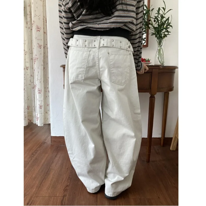 

Street Style Korean Rivet Design Loose Wide Leg Casual Balloon Workwear Long Pants High Waist Jeans Cotton High Elasticity