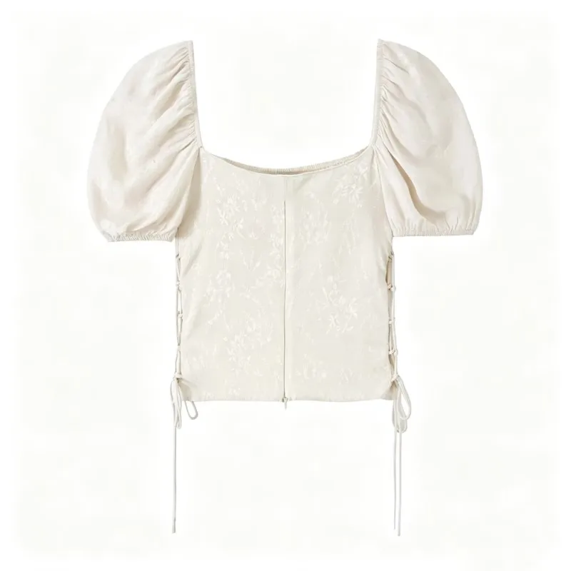 Women's Top with Lace Up New 2026 Summer Casual Square-Neck Short Sleeve Back Zipper Woman Jacquard Wasitcoat Chic Female Tops