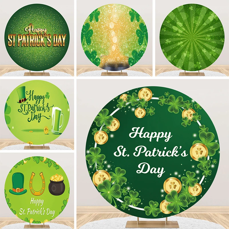 

St Patrick Day Decorations Backdrop Round Cover Gold Coins Shamrocks Leprechaun Green Hat Festival Party Circle Photo Background