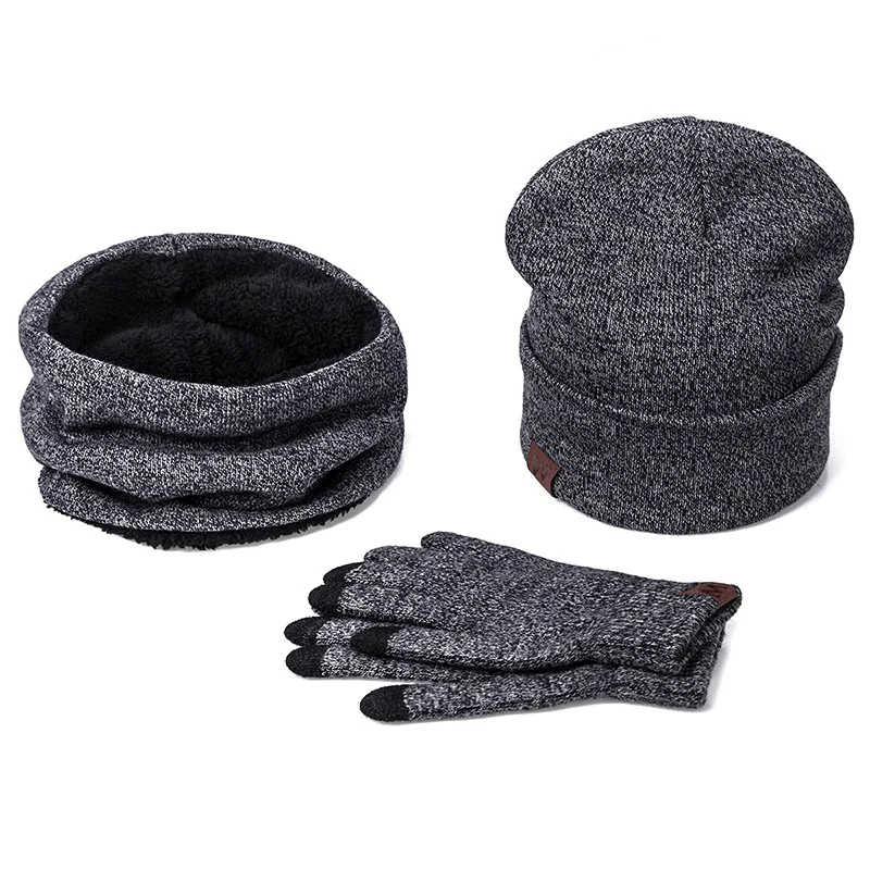 Christmas present Warm 3 Pieces Set Winter Hats Scarf Gloves For Women Men Thick Cotton Winter Accessories Set Male Scarf Gloves