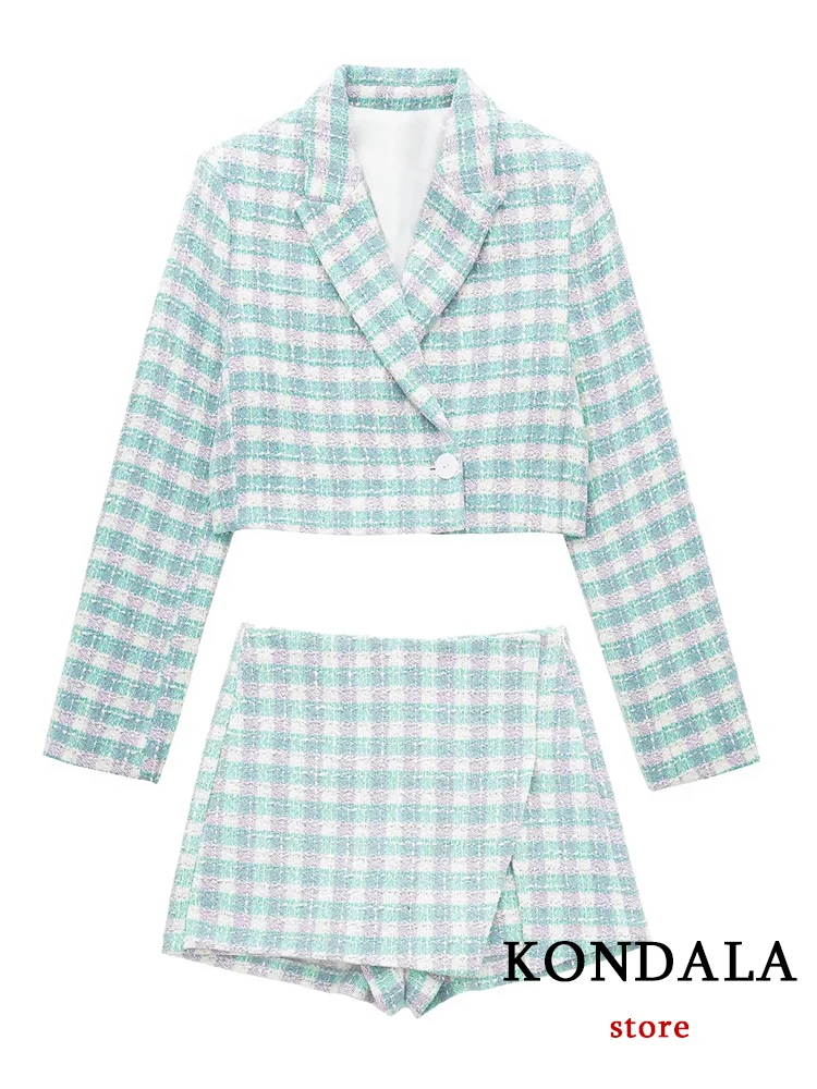 KONDALA Office Lady Blue Plaid Tweed Blazer Suits Women 2 Piece V Neck Long Sleeve Short Blazer+High Waist Shorts Skirts Sets