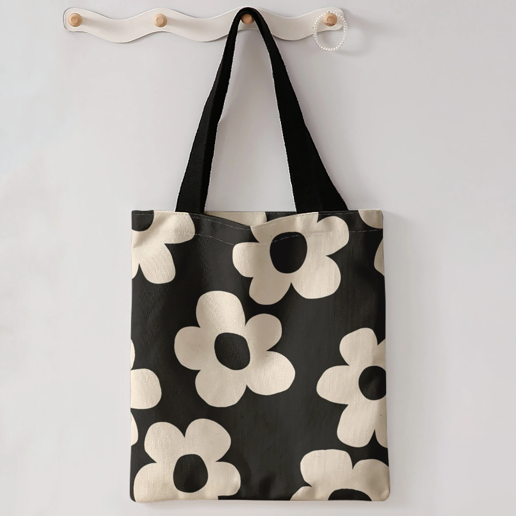 

Black Background Beige Simple Flower Print Tote Bag Large Capacity Shoulder Bag For Shopping Travel Daily Use