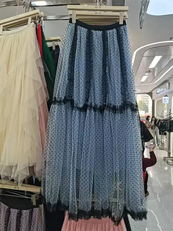 Elegant Blue A-Line Skirt with Heavy Embroidery Semi-Transparent Mesh Polka Dot Design High Waist Long Cake Skirt for Women