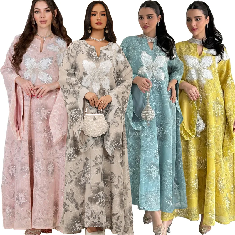 

Luxury Embroidered Sequin Jalabiya Fashion Tulle Applique Dress Dubai Style Elegant Jalabiya Formal Evening Party Dress