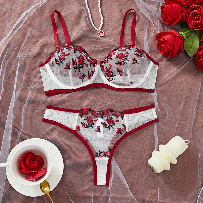 Weiß und rot Kontrast Sexy Dessous Frauen Stickerei Floral ultradünne exquisite transparente Unterwäsche BH Set erotische Kostüme