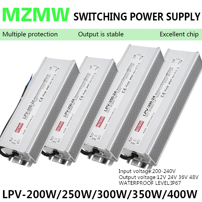 IP67 Waterproof Switching Power Supply LPV 200W 250W 300W 350W 400W AC/DC 12V 24V 36V 48V Constant Voltage LED Driver CCCV SMPS