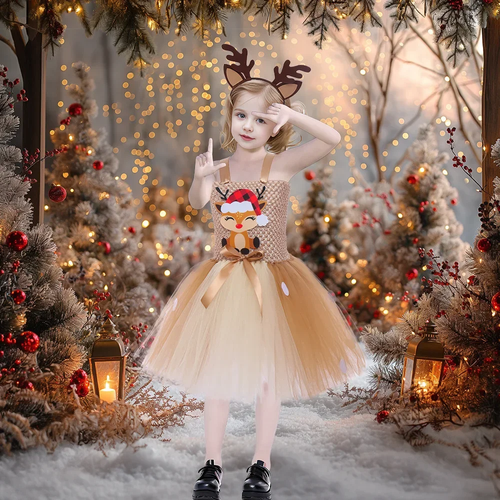 Christmas Costume Children\'s Elk Net Gauze Princess Pompadour Skirt Plaid Hat Cartoon Fawn  Skirt Dance Performance Costume