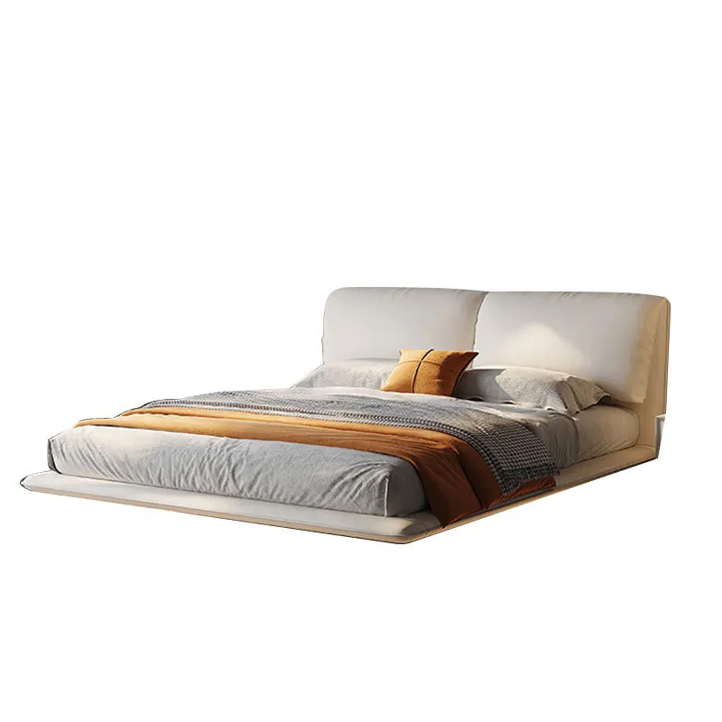 

Suspended bed, leather bed, master bedroom, double, high-grade, with lamp, cream wind