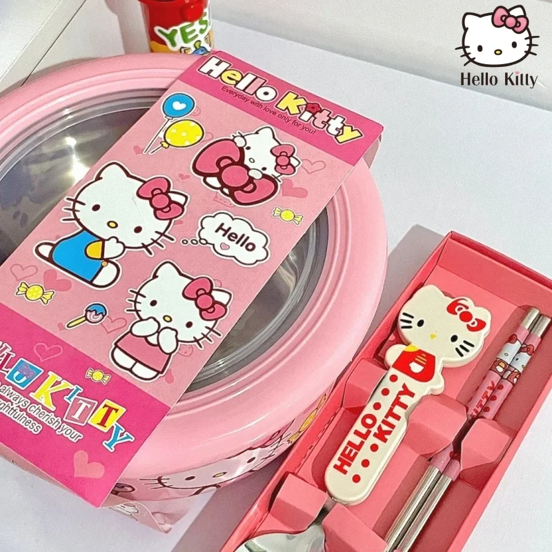 Bonito cuenco de Ramen de acero inoxidable Sanrio Hello Kitty con tapa, fideos instantáneos grandes, ensalada de frutas, tazón de sopa de arroz, vajilla de cocina