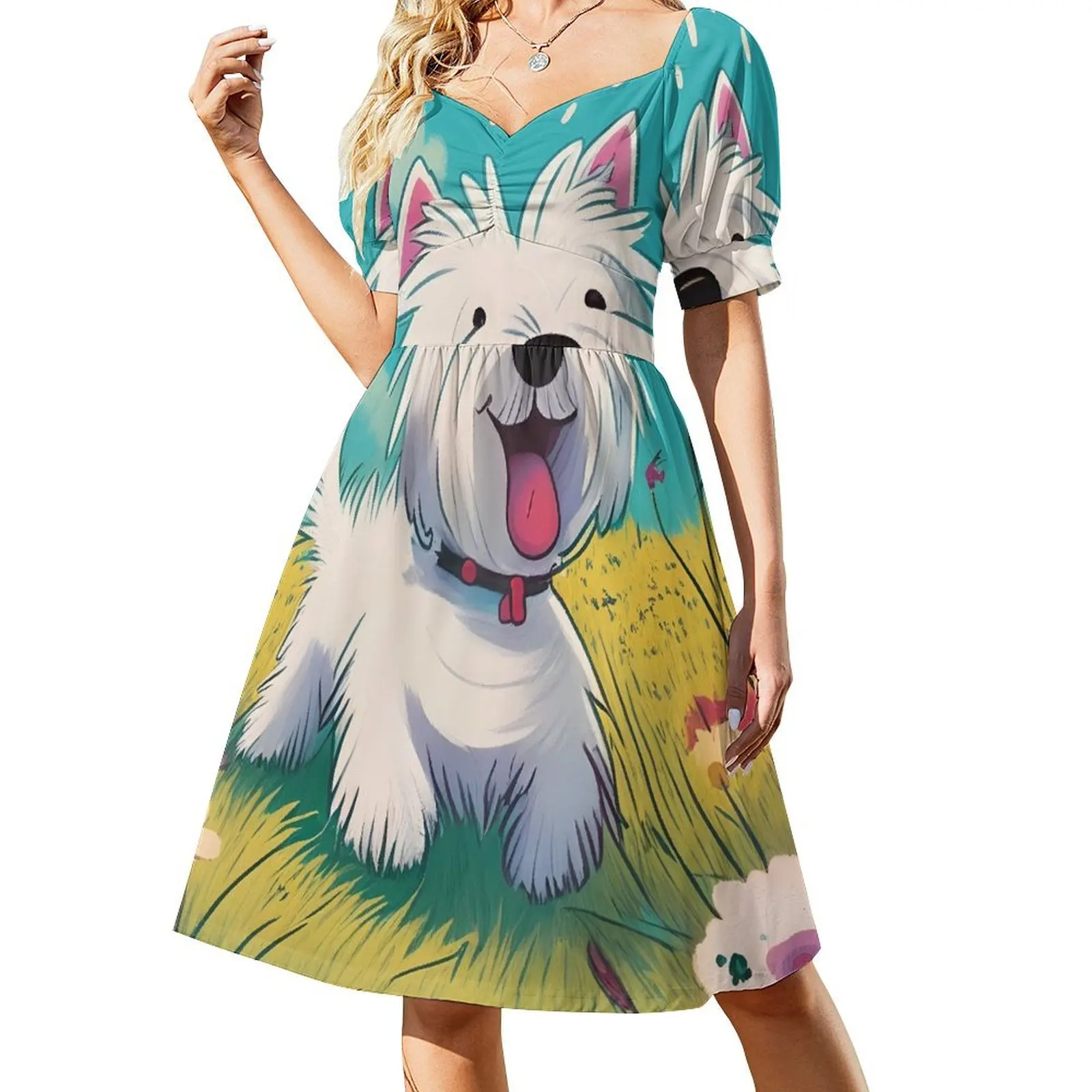 A happy cartoon westie prancing through the flowers Short-Sleeved Dress elegant dress Dress vintage Women's summer suit