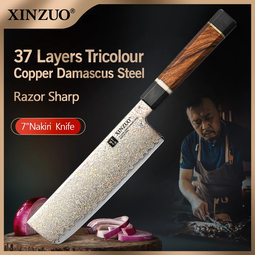 XINZUO Newest Style 7'' Inches Nakiri Knife 37 Layers Real Tricolour Copper Damascus Steel Kitchen Butcher Cleaver Fish Knife