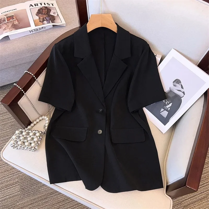 High-Grade Short-Sleeved Suit Jacket Female 2024 Summer New Blazer Coat Large Size Overwear Elegant Temperament Thin Women Top