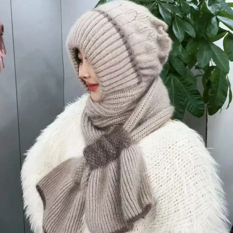 Зимняя вязаная шапка Skullies, комплект шарфов, морозостойкий шарф для защиты ушей, теплые шапочки для девочек, велосипедные ветрозащитные женские уличные шапки