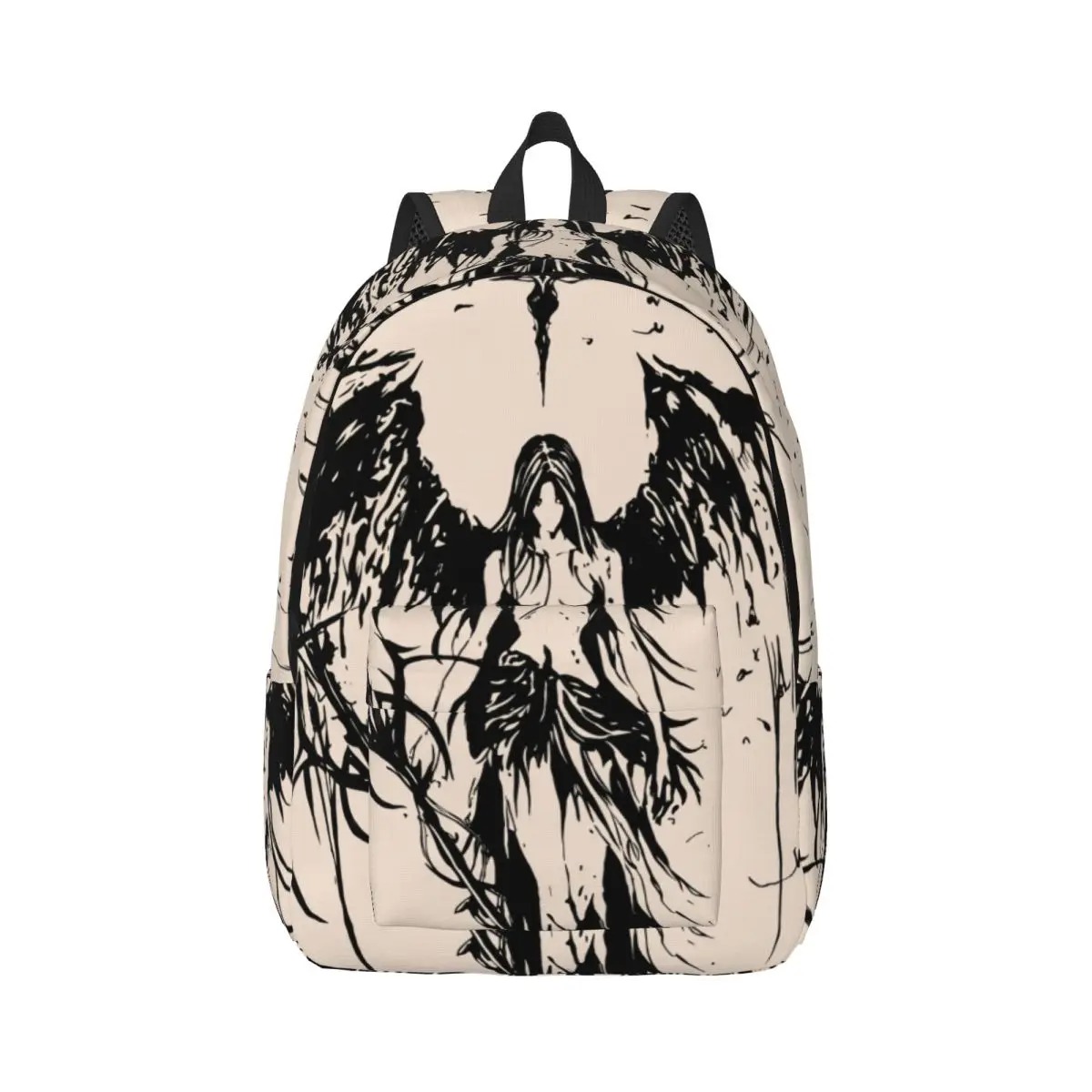 Dark Punk Printed Backpack Center Winged Figure Street Graphic Black Grey Streetwear Bookbag for Teens College Travel Concert