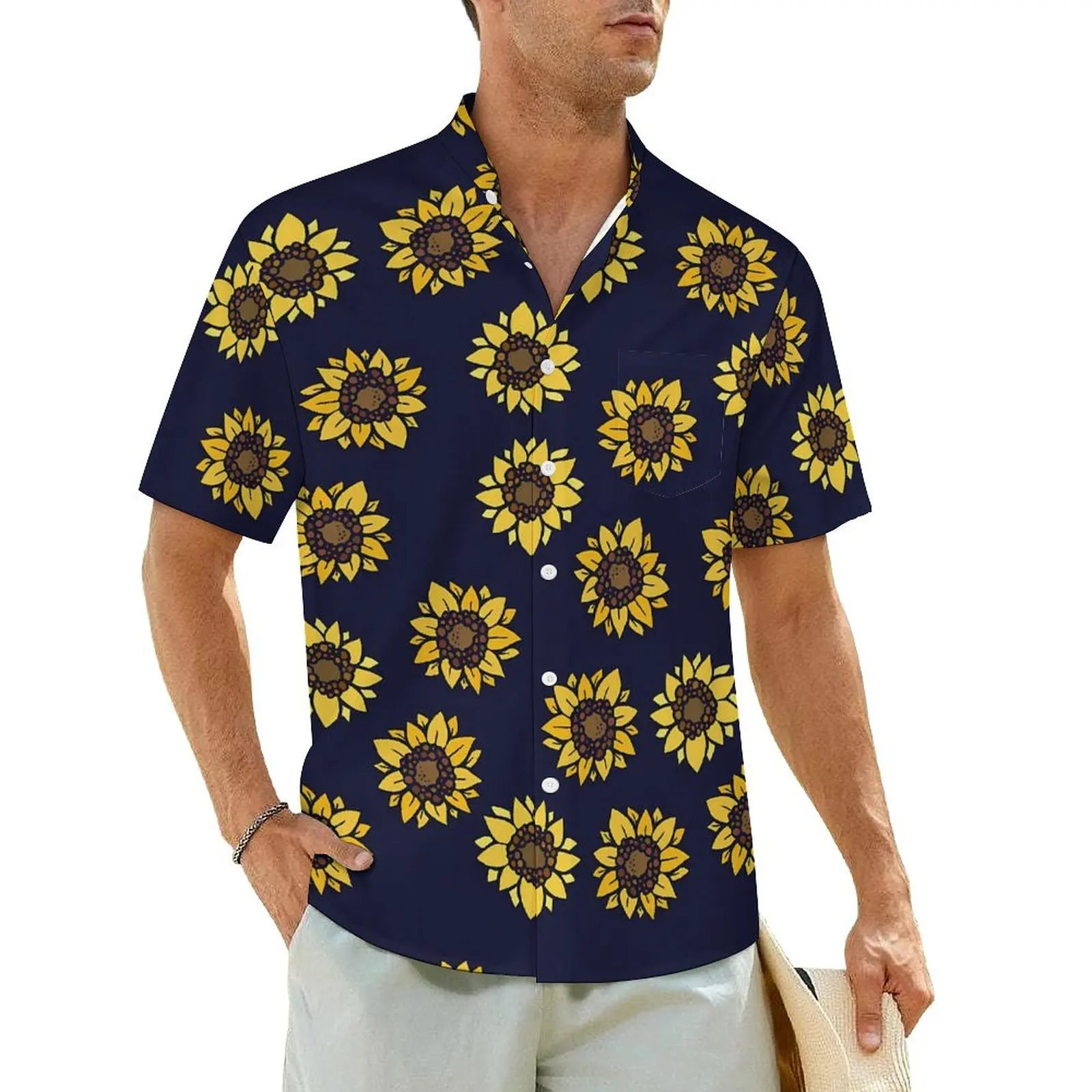 Sunflower Print Beach Shirt Men Summer Sunshine Vintage Casual Shirts Hawaiian Short Sleeve Streetwear Oversized Blouses Gift