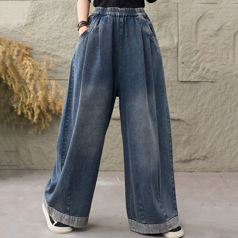 قداس واس 2025 الخريف المرأة خمر تصميم موضة فضفاض سراويل جينز الإناث الكلاسيكية جينز غير رسمي الصلبة واسعة الساق بنطلونات