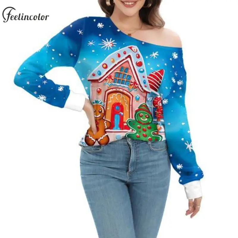 Candy House Graphic Women Christmas Blouse T-Shirt Gingerbread Man Printed Tee Off Shoulder Shirts Tops Blue Female Clothing