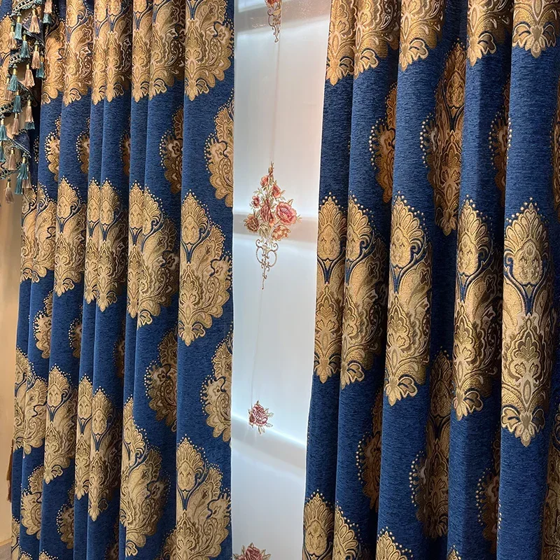 

American High-end Retro Blue Chenille Jacquard Thickened Curtains for Living Room Bedroom and Villa Customization Valance
