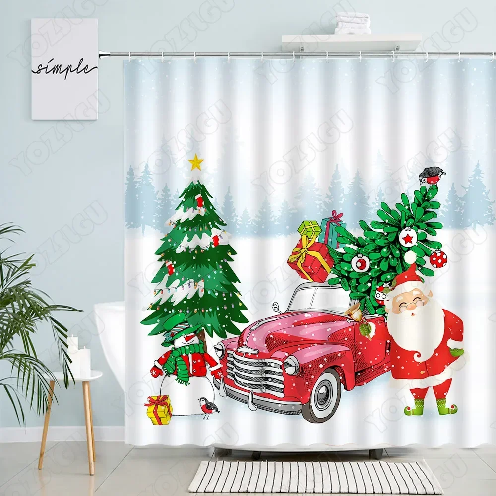 Christmas Shower Curtains Funny Santa Claus Xmas Tree Fir Branch Red Berry Birds New Year Fabric Bathroom Decor Bath Curtain Set