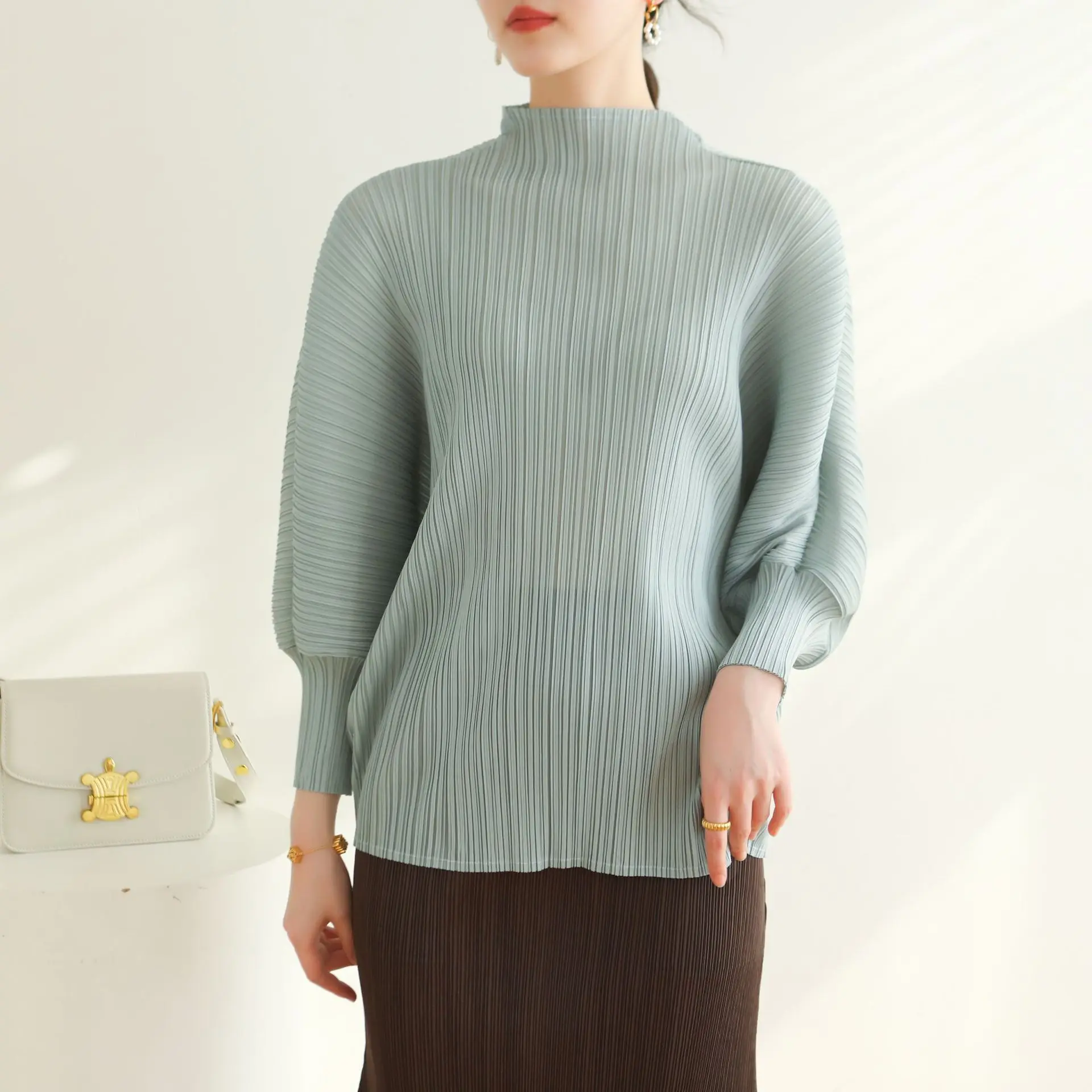 

Miyake Pleated Half-high Collar Lantern Sleeve Tops Women Causal Korean Fashion T-shirt