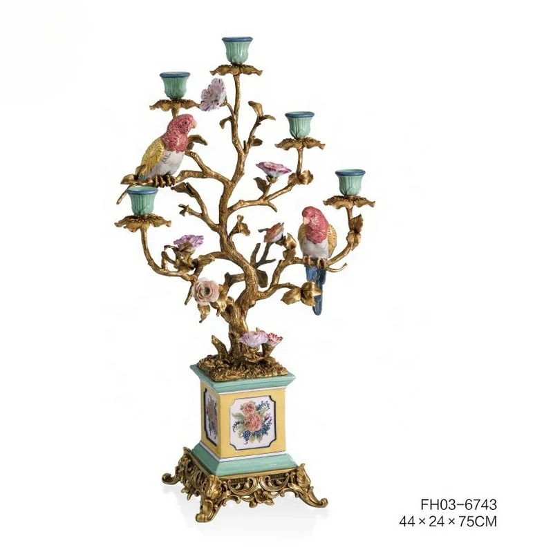 

Tall Elegant European Antique 5 Arm Parrot Candlestick Holder Porcelain Bronze Candelabra Home Decor Items for Living Room