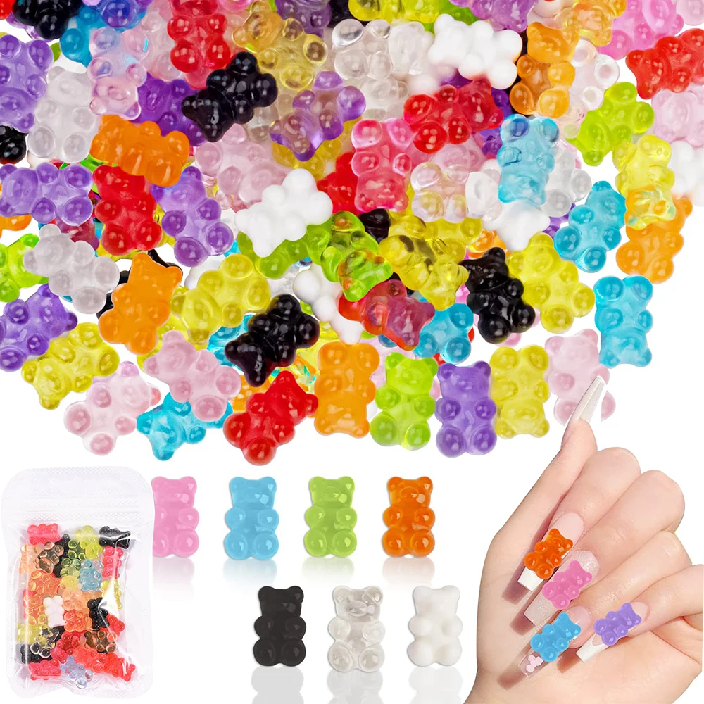 50pcs Mix 3D Cartoon Gummy Jelly Bear Nail Charms Kawaii Resin Candy Bear Nail Art Rhinestones Press on Nails Decorations